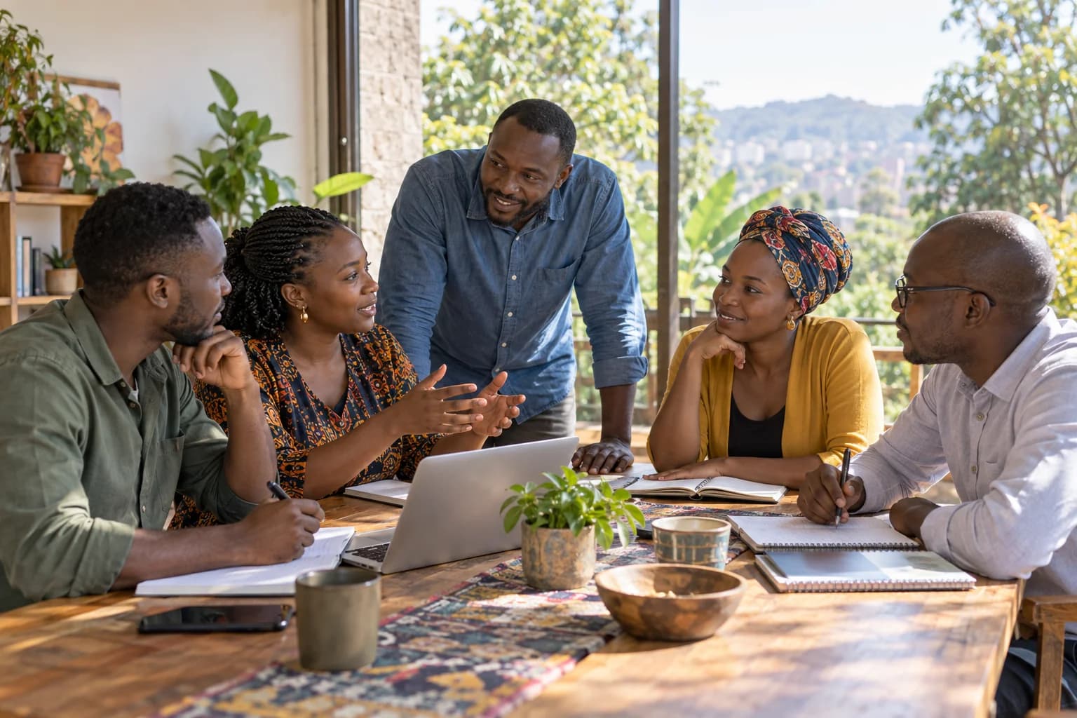 AI-generated scene of five community collaborators planning together around a table with notebooks and a laptop