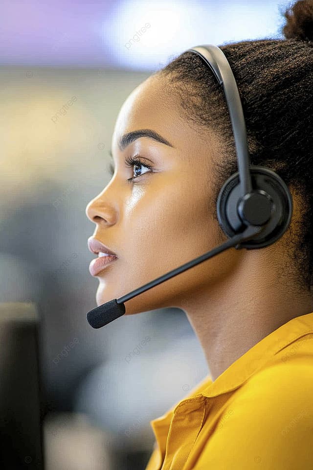 A woman in profile wearing a headset, ready to take your call